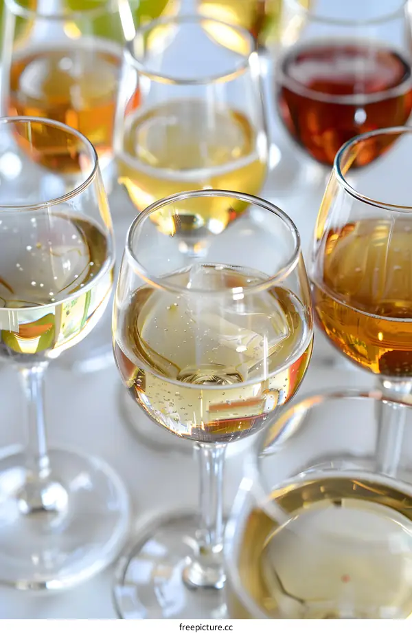 Close Up of Wine Glasses with Different Colored Liquids