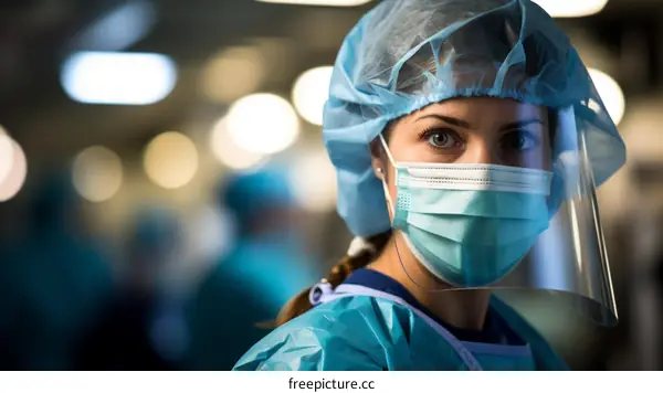 Portrait of a young female doctor or nurse wearing a surgical mask and face shield.
