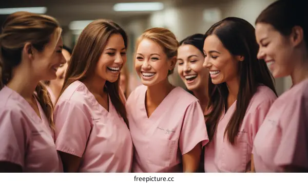 A group of female nurses are laughing and talking in a hospital hallway