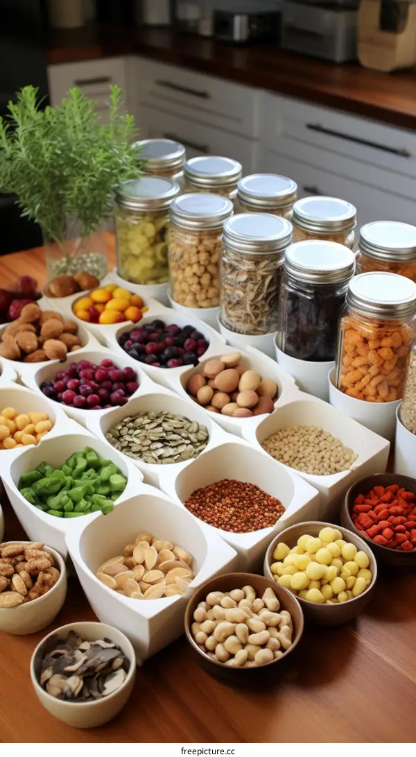 A variety of nuts and seeds on display in containers and bowls