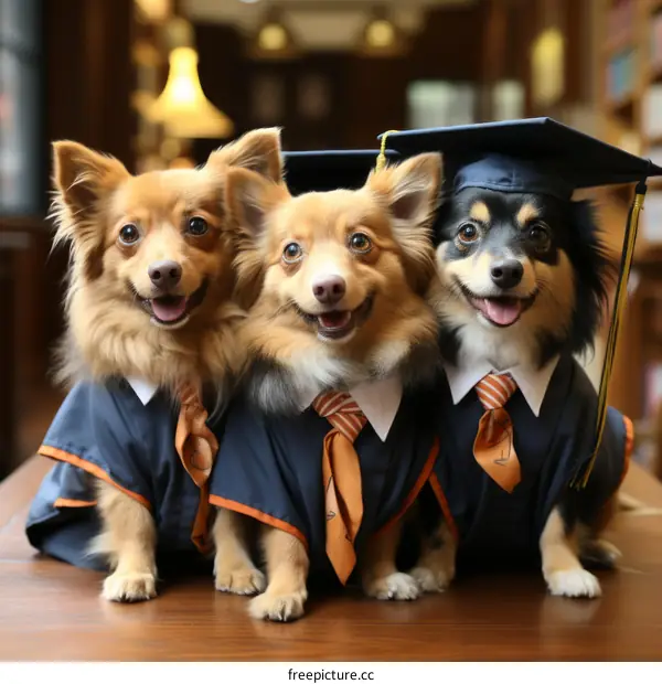 Three dogs in graduation caps and gowns