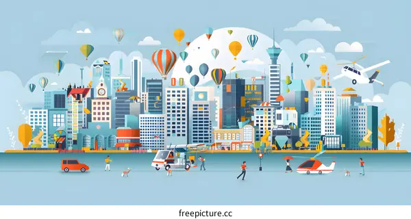 Cityscape with Hot Air Balloons and People