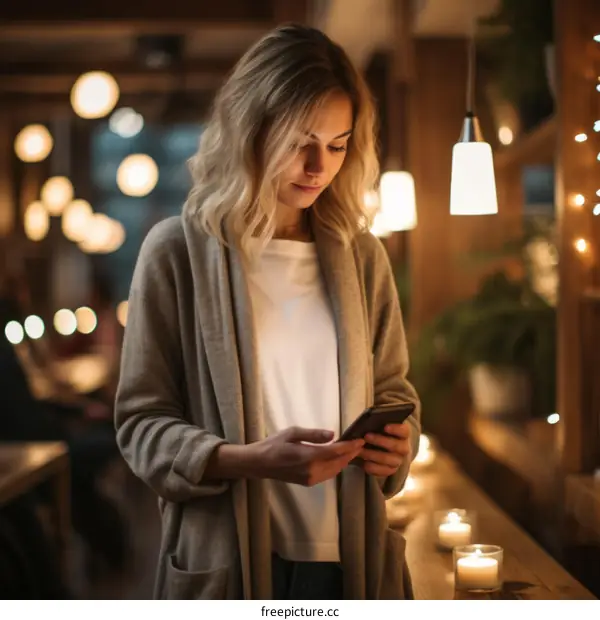 Young woman using smartphone in a cozy cafe with candles