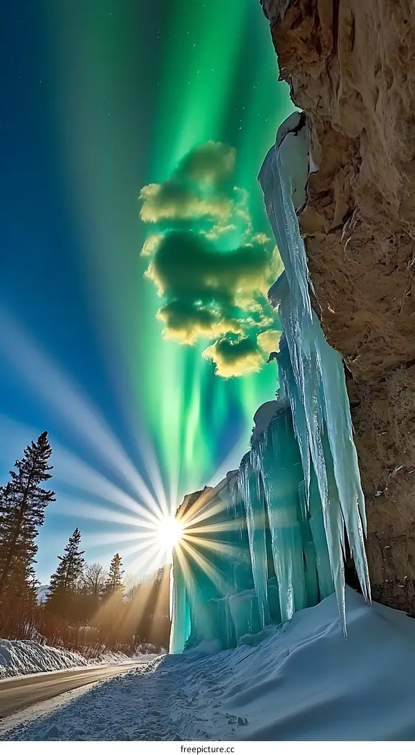 Aurora Borealis Lights Over Ice Wall in Winter