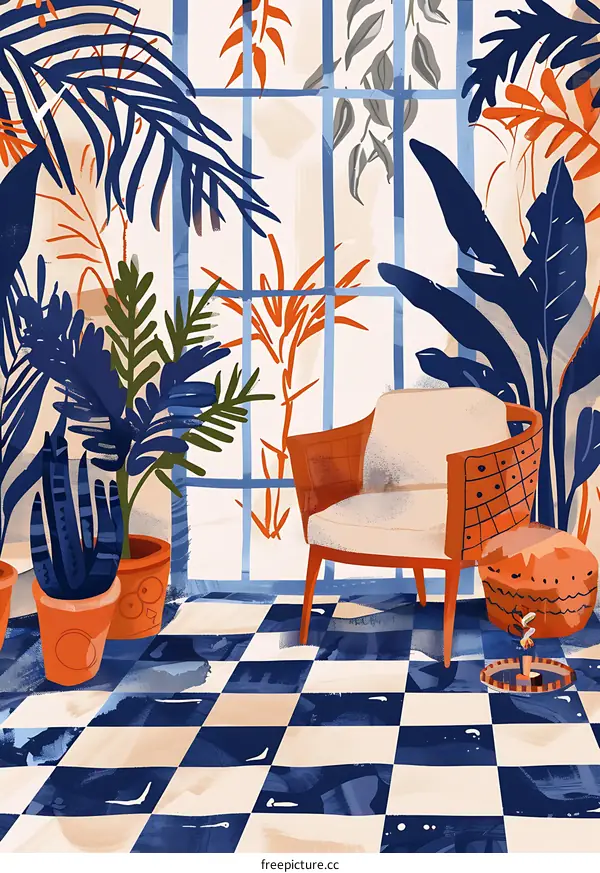 Modern Illustration of a Cozy Living Room with Plants and a Checkered Floor