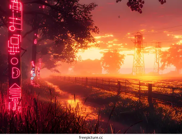 Neon Sunset over a Countryside Stream