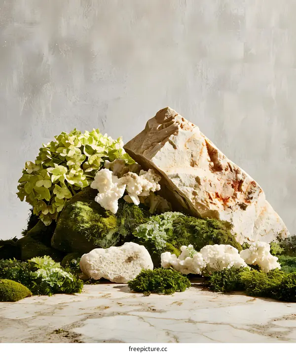 White and Green Still Life with Rocks and Moss