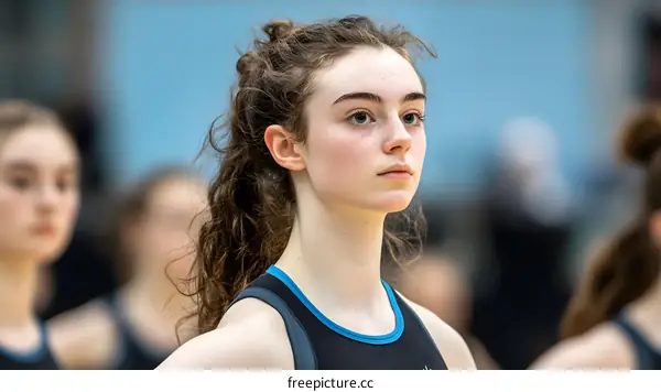 Young Woman with Brown Hair in a Black and Blue Leotard