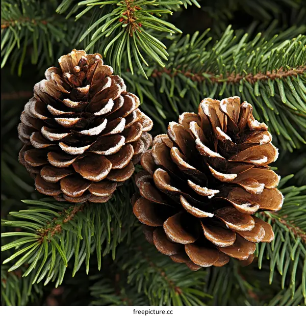 Closeup of Frosted Pine Cones on Evergreen Branches