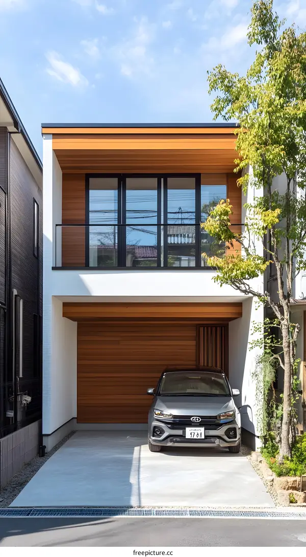 Modern Two Story House With Garage Door And Balcony