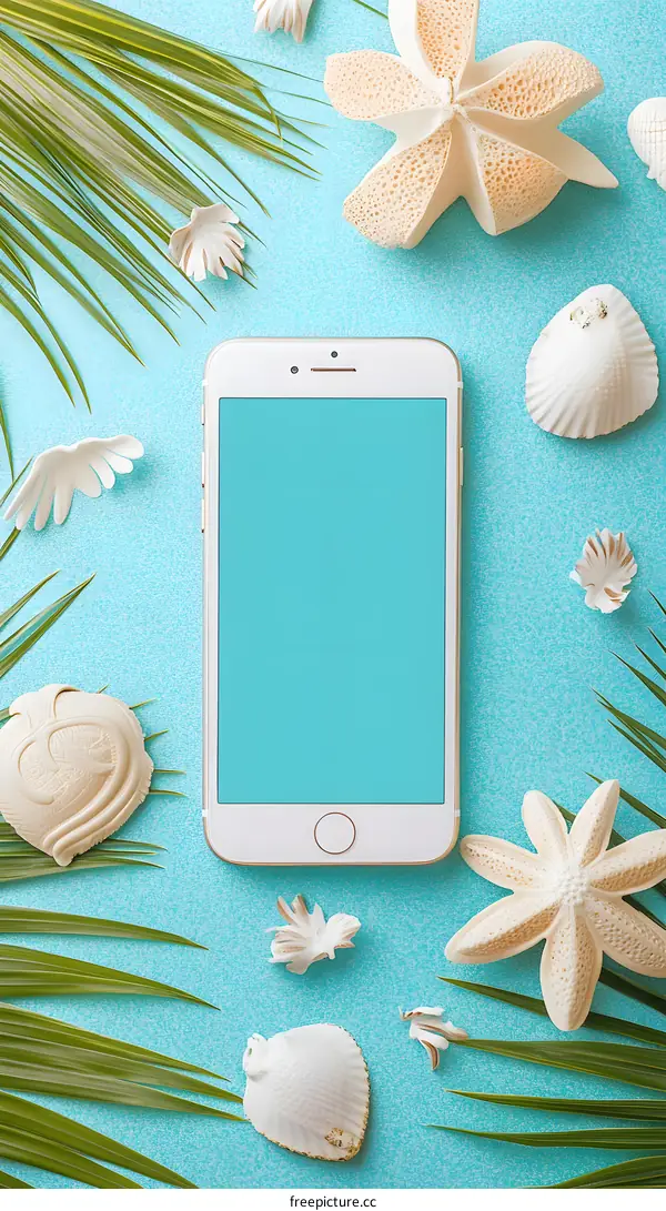 Summer Vacation Phone Mockup With Seashells And Palm Leaves