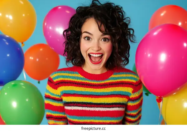 Woman with Colorful Balloons and a Striped Sweater