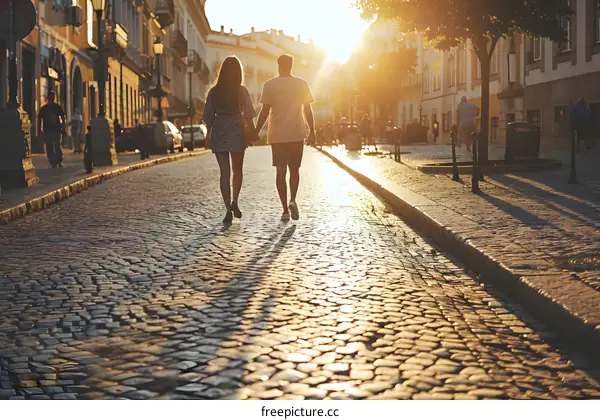 Couple Walking on a Cobblestone Street at Sunset
