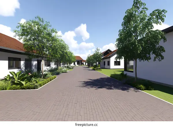 Exterior Design of a Modern Suburban Home with Brick Paved Pathway