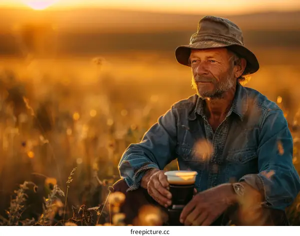 An old farmer is drinking beer and enjoying the sunset in the wheat field