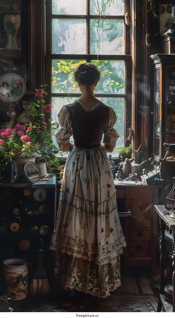 A woman standing in front of a window