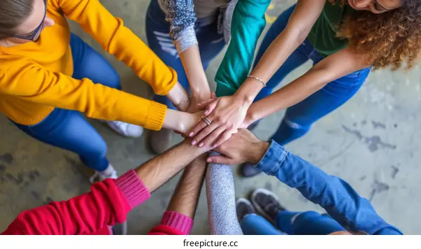 Multiracial group of people joining hands together