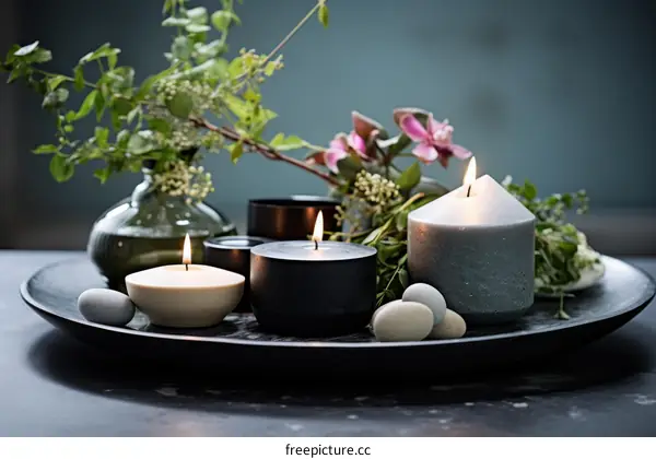 Still life with candles and green plants
