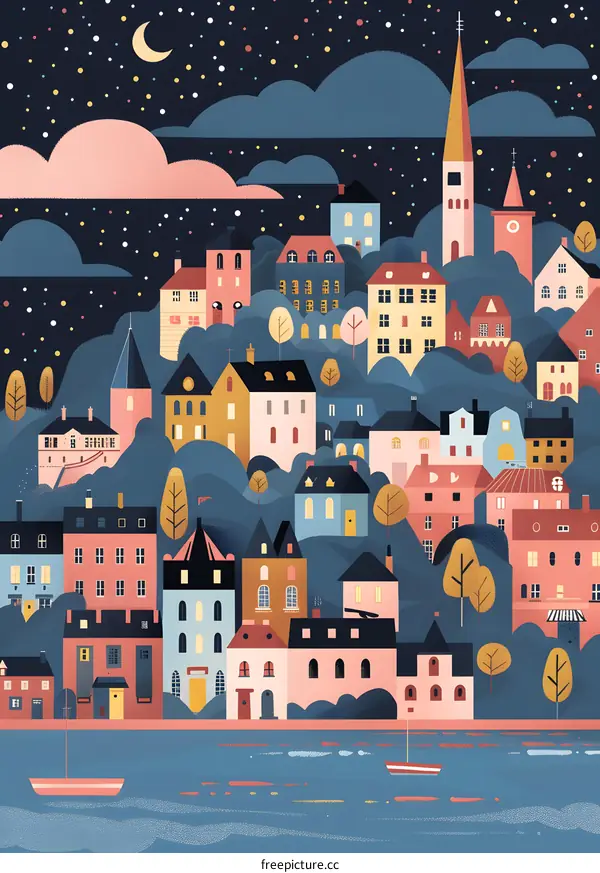 Nighttime Illustration of a Village with Boats and Stars