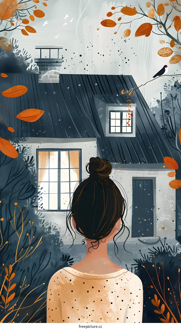 Woman Looking at a Small House in the Fall
