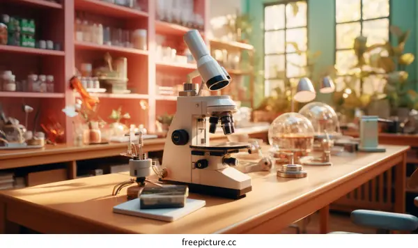 A scientist's laboratory filled with microscopes and other scientific equipment