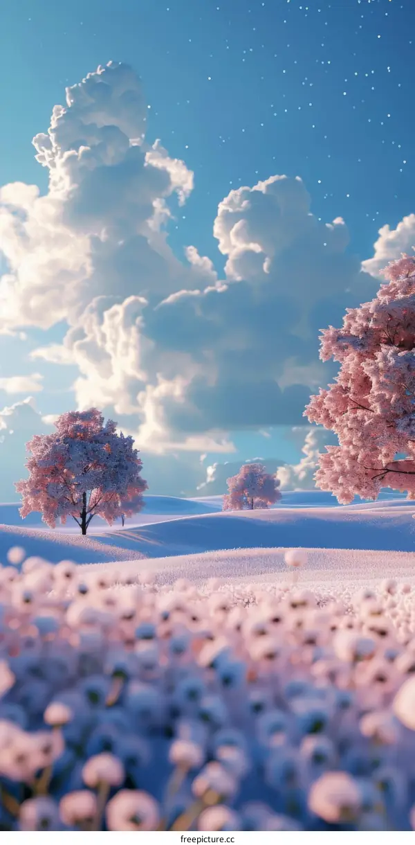 Winter Wonderland Landscape with Pink Trees and Flowers