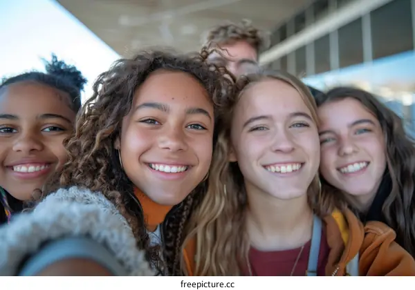 A group of diverse teenage girls smile and pose for a selfie