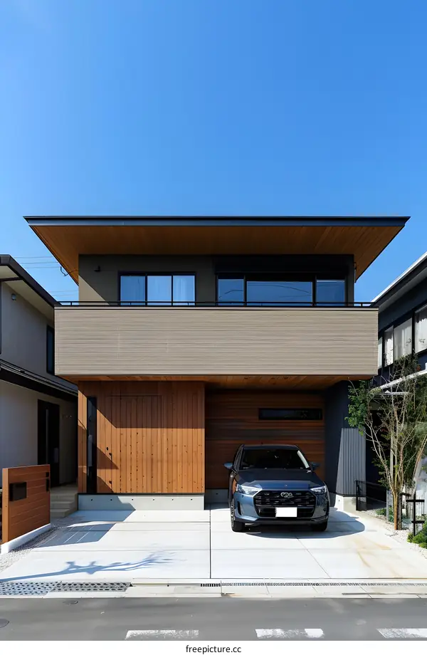 Modern House with Wooden Facade and Car in Garage