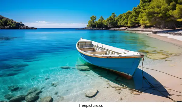 Wooden boat on the beach with crystal clear water