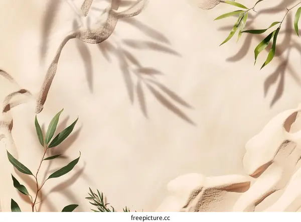 Sand Background With Green Leaves And Shadows