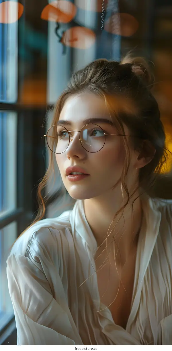 portrait of a beautiful young woman looking out the window