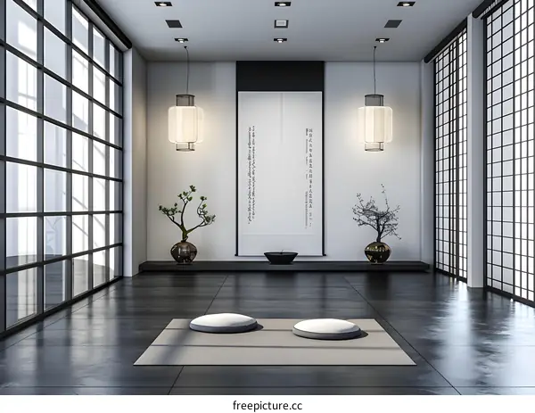 Minimalist Zen Room Interior Design with Hanging Lamps