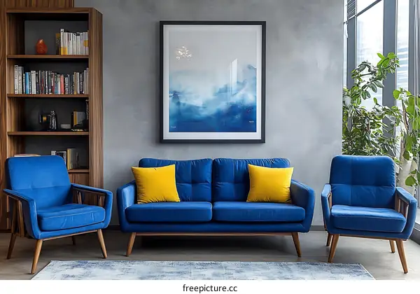 Modern Living Room Interior Design with Blue Sofa and Armchairs