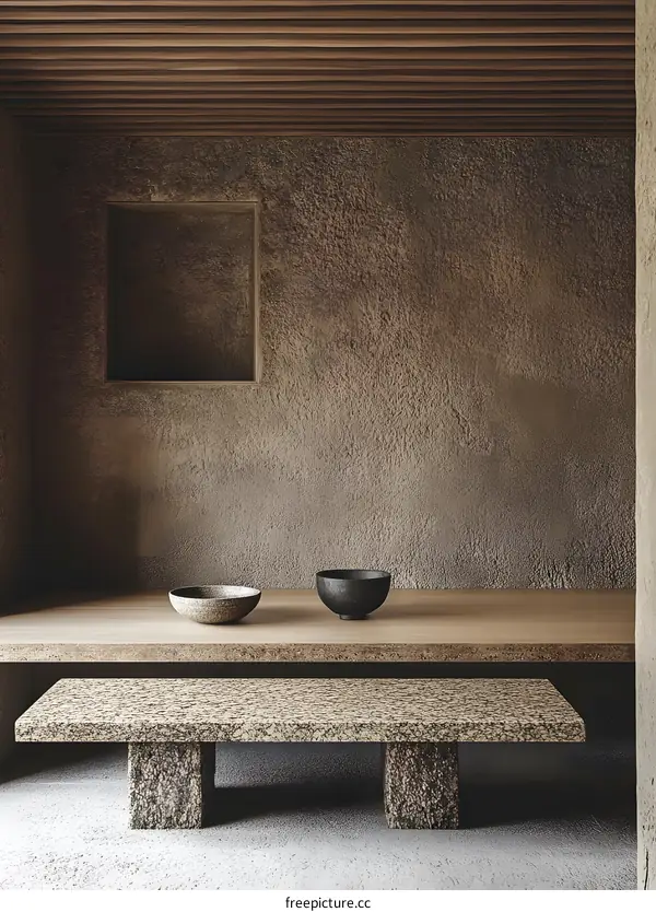 Minimalist Interior Design with Stone Bench and Wooden Table