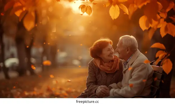 Elderly couple sitting on a bench in the fall