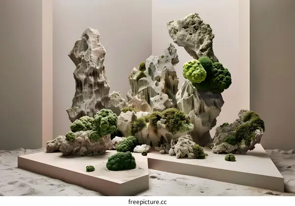 Abstract Minimalist Stone and Moss Sculpture