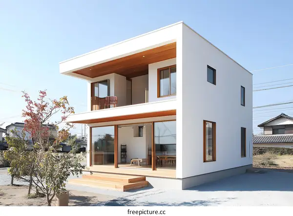 Modern Minimalist White House with Wooden Accents and Large Windows