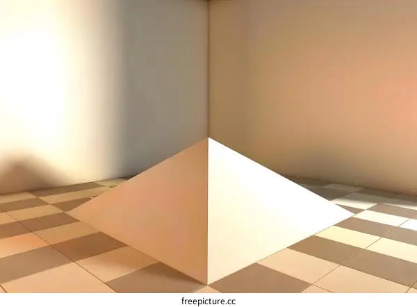 Minimalist 3D Render Of A White Pyramid In A Corner Room With Checkered Floor