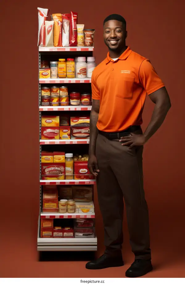 Smiling African American Man Wearing an Orange Shirt at Grocery Store Looking for Food