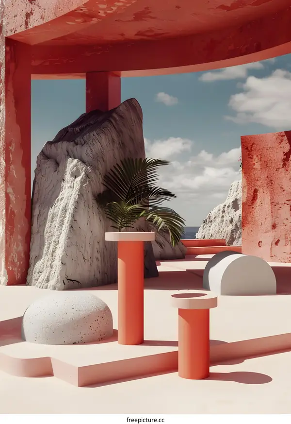 Abstract Minimalist Landscape with Palm Trees and Rock Formations