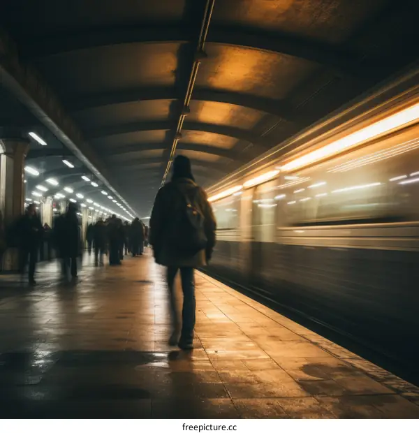 Crowded subway station with a blurred train in the background