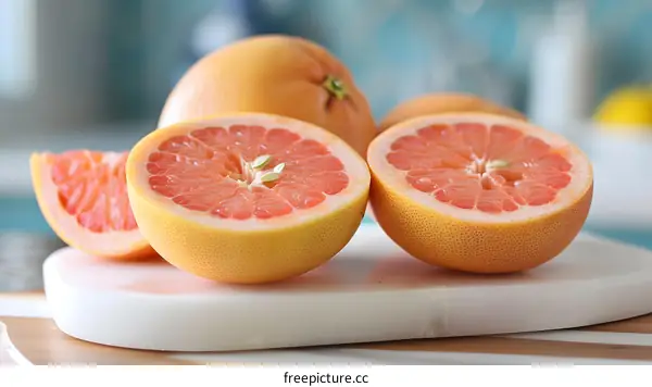 Close Up of Freshly Cut Grapefruit on Marble Cutting Board