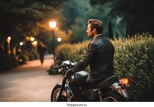 Stylish Caucasian Man Riding Motorcycle in Park at Night