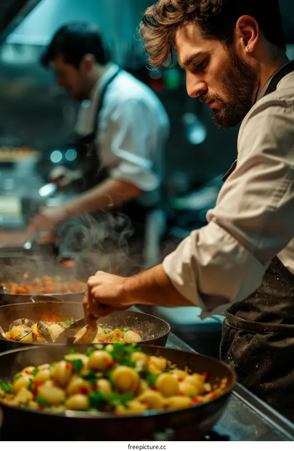 Focused male chef cooking in a restaurant kitchen