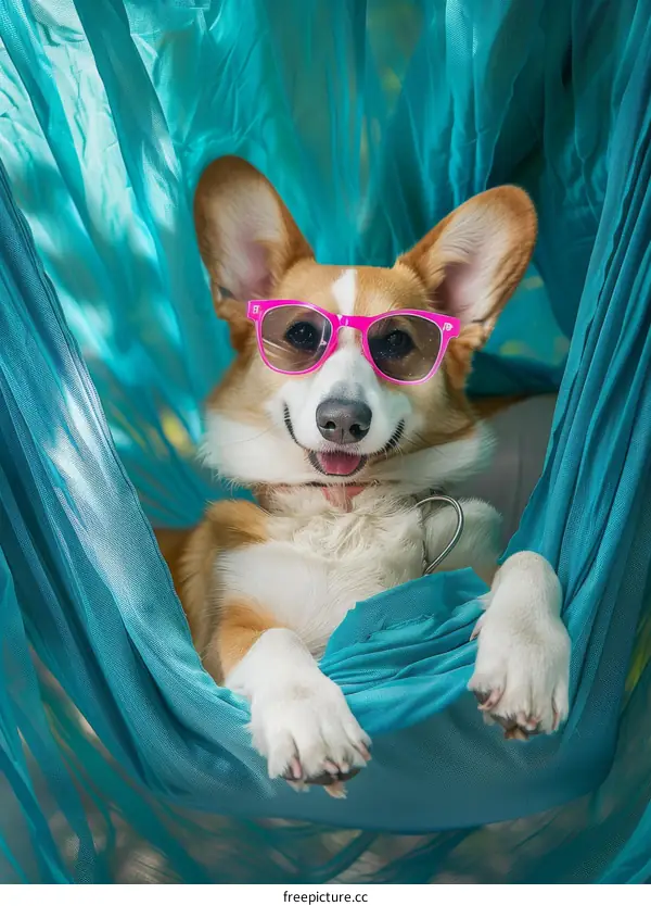 A cute dog wearing sunglasses is lying in a hammock and smiling