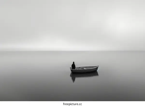 Man in a boat on a foggy lake