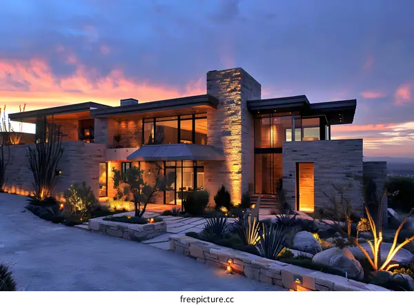 Modern House with Stone Exterior and Landscape Design