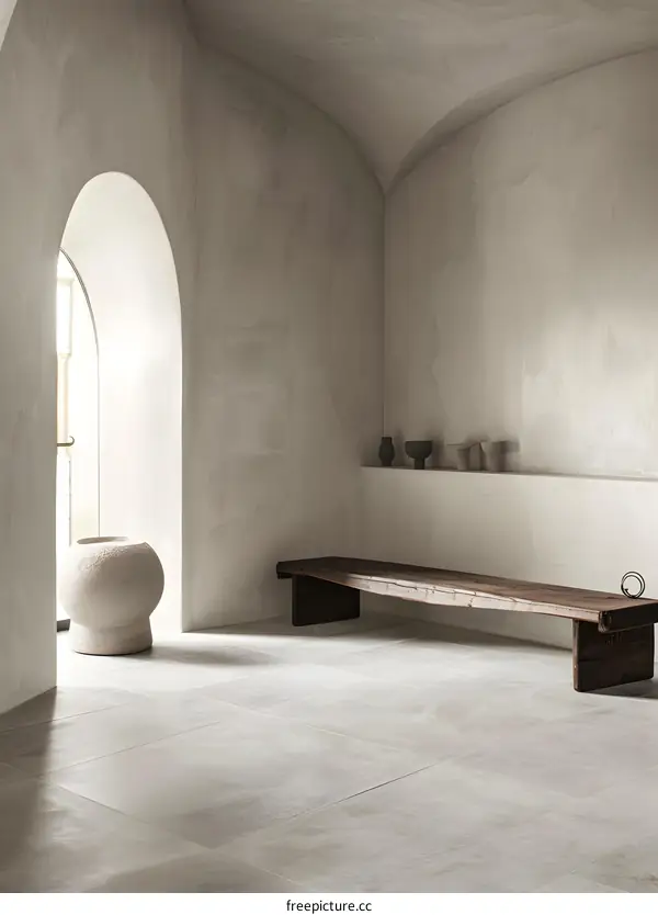 Minimalist Interior Design with Wooden Bench and Stone Pot