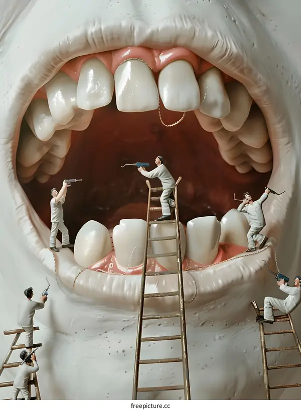 Tiny Workers Repairing a Huge Tooth