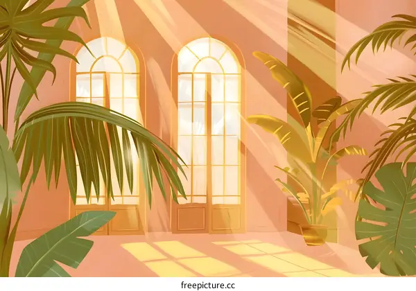 Sunlight Through Palm Leaves in a Room with Large Windows